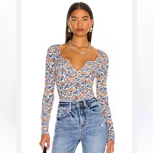 Free People Floral Scoop-Neck Top- Blue & Orange